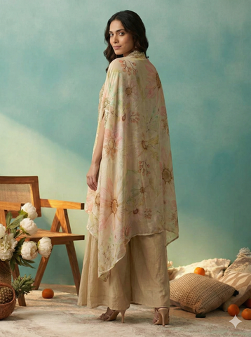 Pastel Beige Floral Crop Top with Palazzo and Embroidered Cape Set