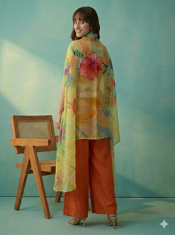 Rust Orange Floral Crop Top with Palazzo and Embroidered Cape Set