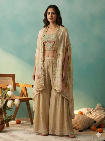 Pastel Beige Floral Crop Top with Palazzo and Embroidered Cape Set