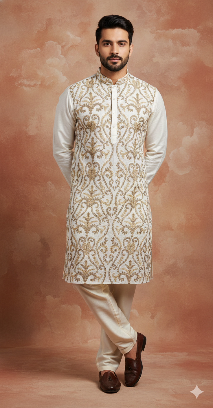 Chhaap Off White Thread Embroidered Full Sleeve Straight Kurta