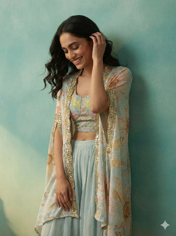 Pastel Blue Floral Crop Top with Palazzo and Embroidered Cape Set