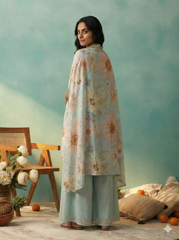 Pastel Blue Floral Crop Top with Palazzo and Embroidered Cape Set
