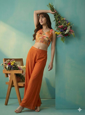 Rust Orange Floral Crop Top with Palazzo and Embroidered Cape Set