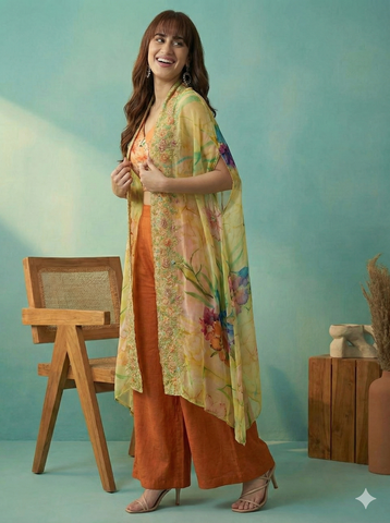 Rust Orange Floral Crop Top with Palazzo and Embroidered Cape Set