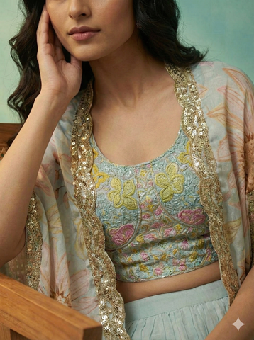 Pastel Blue Floral Crop Top with Palazzo and Embroidered Cape Set