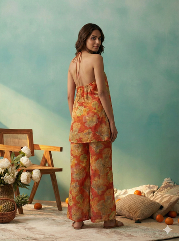 Vibrant Orange Floral Print Halter Neck Top and Palazzo Set