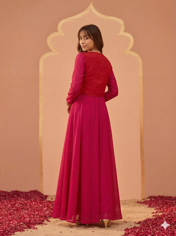 Rani Pink Mughal Koti Gown with Embroidered Jacket