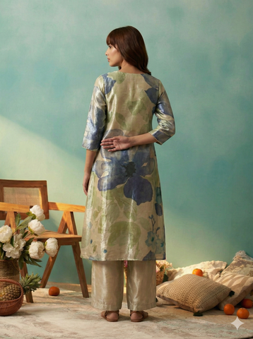 Beige Floral Print A-Line Kurta and Trouser Set