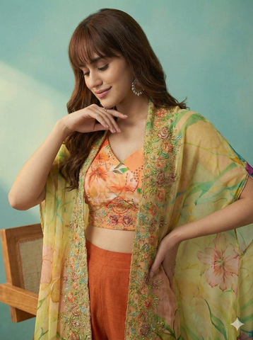 Rust Orange Floral Crop Top with Palazzo and Embroidered Cape Set