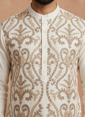 Chhaap Off White Thread Embroidered Full Sleeve Straight Kurta
