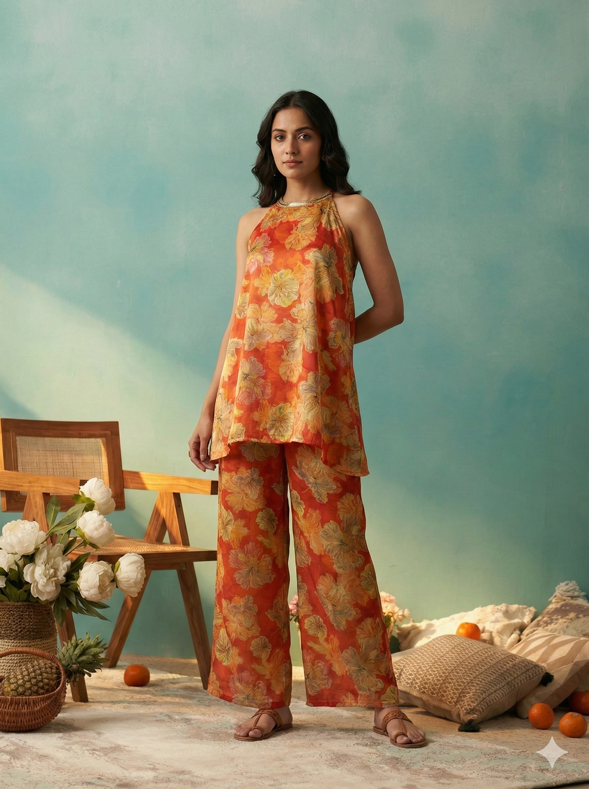 Vibrant Orange Floral Print Halter Neck Top and Palazzo Set