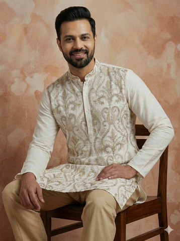 Chhaap Off White Thread Embroidered Full Sleeve Straight Kurta