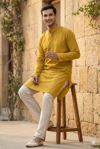 Chhaap Yellow Solid Cotton Kurta Pant Set