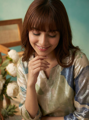 Beige Floral Print A-Line Kurta and Trouser Set