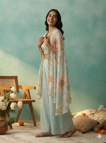 Pastel Blue Floral Crop Top with Palazzo and Embroidered Cape Set