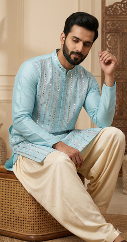 Chhaap Blue Sequence Thread Embroidered With Mirror Work Kurta Set