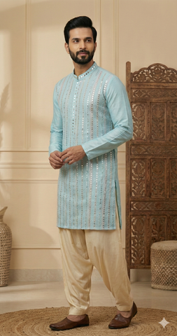 Chhaap Blue Sequence Thread Embroidered With Mirror Work Kurta Set