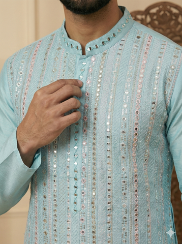 Chhaap Blue Sequence Thread Embroidered With Mirror Work Kurta Set