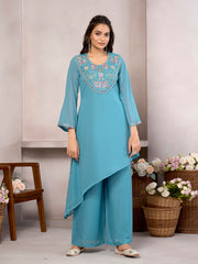 Sky Blue Cotton Blend Zari sequence Thread Embroidery With Pearl Droplet Kurta with Palazzo Set