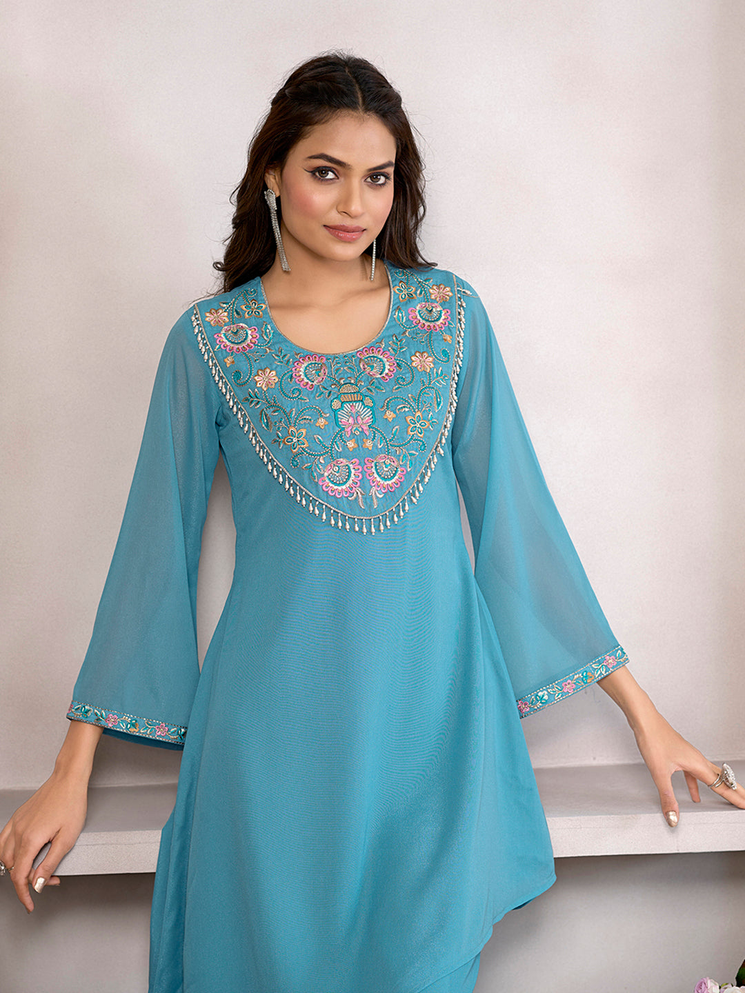 Sky Blue Cotton Blend Zari sequence Thread Embroidery With Pearl Droplet Kurta with Palazzo Set