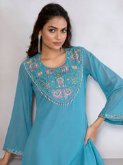 Sky Blue Cotton Blend Zari sequence Thread Embroidery With Pearl Droplet Kurta with Palazzo Set