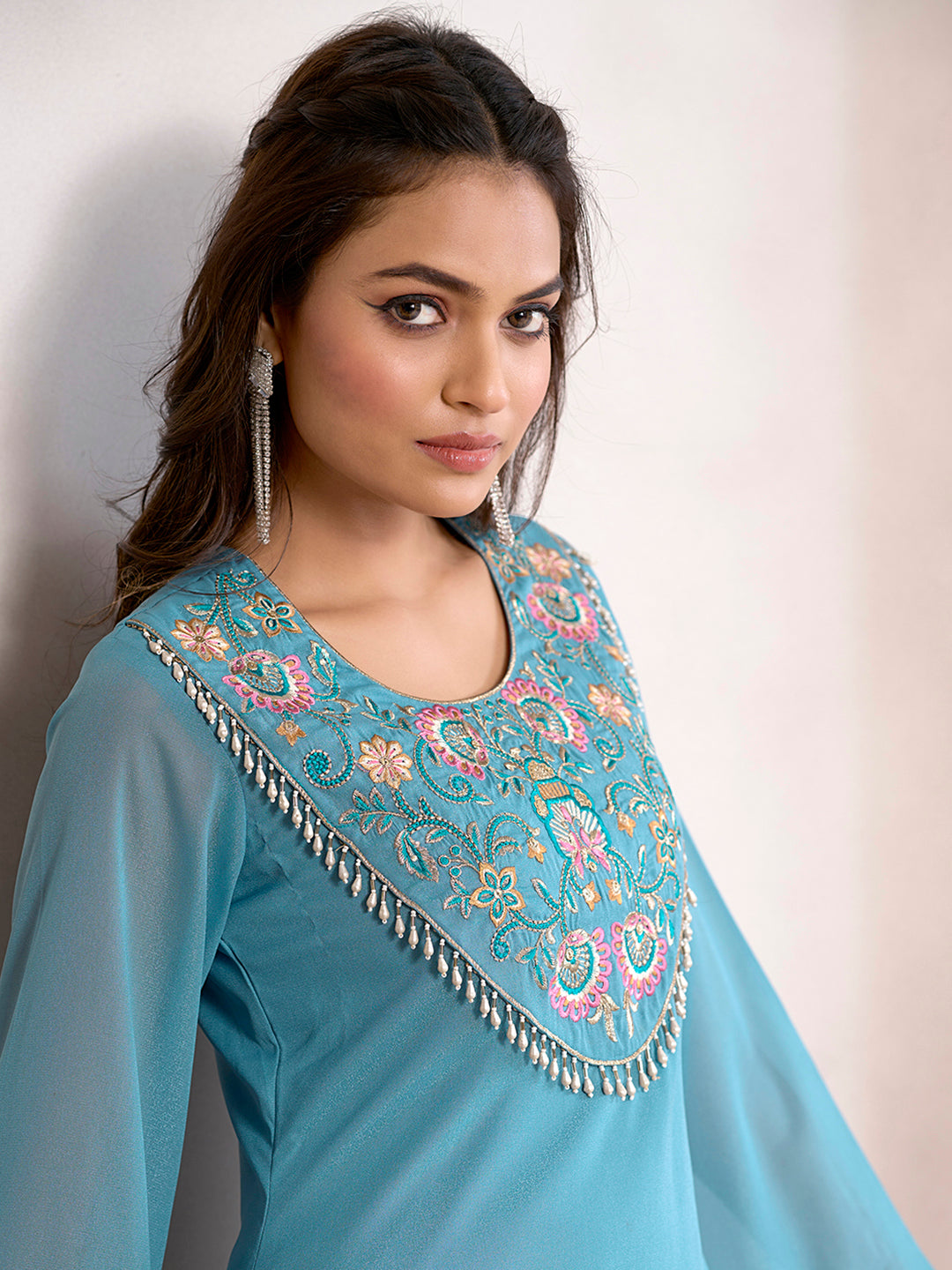 Sky Blue Cotton Blend Zari sequence Thread Embroidery With Pearl Droplet Kurta with Palazzo Set