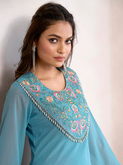 Sky Blue Cotton Blend Zari sequence Thread Embroidery With Pearl Droplet Kurta with Palazzo Set