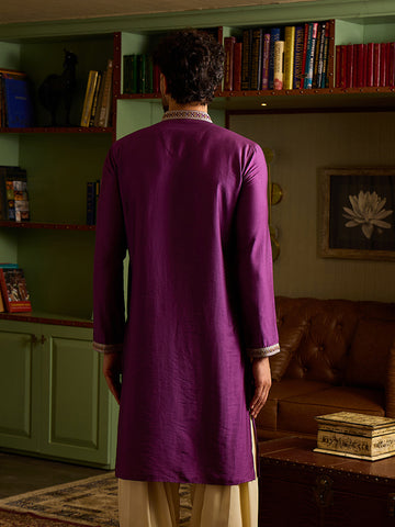 CHHAAP Men's Royal Purple Silk Blend Kurta with Embroidered Neckline