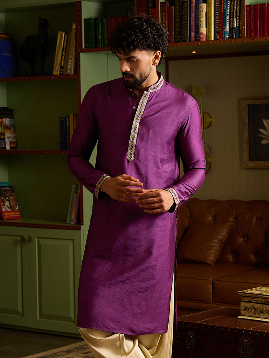 CHHAAP Men's Royal Purple Silk Blend Kurta with Embroidered Neckline