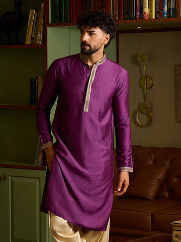 CHHAAP Men's Royal Purple Silk Blend Kurta with Embroidered Neckline