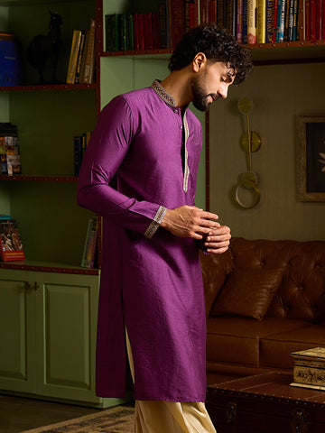 CHHAAP Men's Royal Purple Silk Blend Kurta with Embroidered Neckline