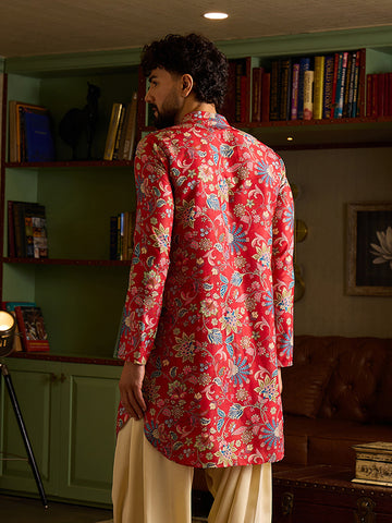 Men's Crimson Red Floral Printed Silk Kurta