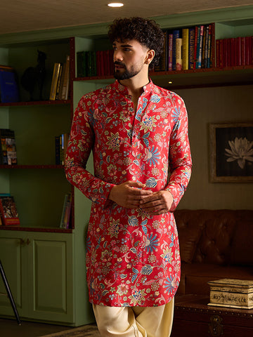 Men's Crimson Red Floral Printed Silk Kurta
