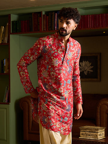 Men's Crimson Red Floral Printed Silk Kurta
