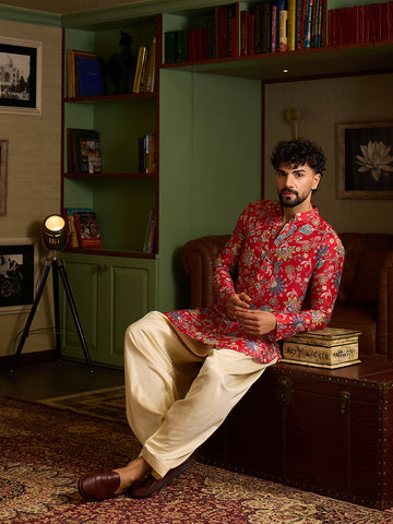 Men's Crimson Red Floral Printed Silk Kurta