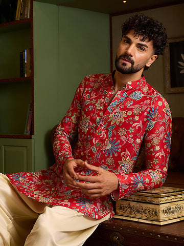 Men's Crimson Red Floral Printed Silk Kurta