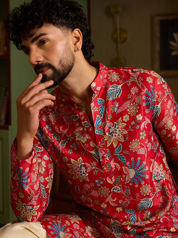 Men's Crimson Red Floral Printed Silk Kurta