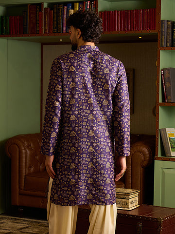 Men's Deep Purple Geometric Print Ethnic Kurta