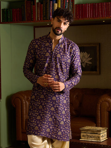Men's Deep Purple Geometric Print Ethnic Kurta