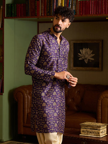 Men's Deep Purple Geometric Print Ethnic Kurta