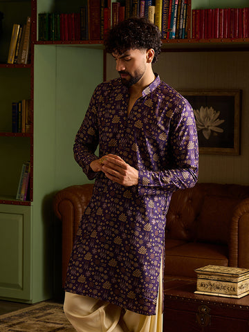 Men's Deep Purple Geometric Print Ethnic Kurta