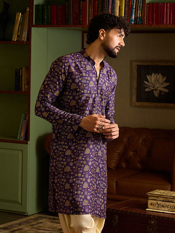 Men's Deep Purple Geometric Print Ethnic Kurta