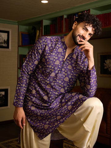 Men's Deep Purple Geometric Print Ethnic Kurta