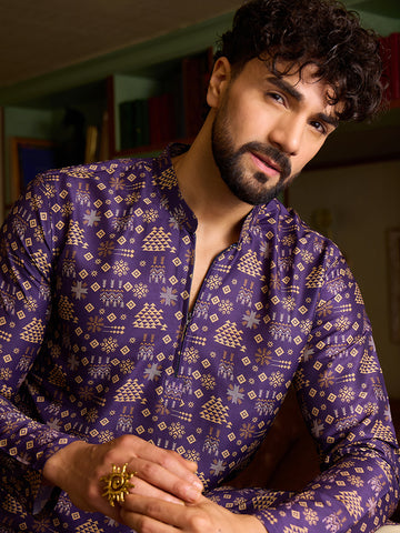 Men's Deep Purple Geometric Print Ethnic Kurta