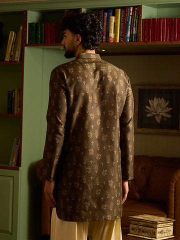 Men's Olive Brown Printed Silk Kurta with Mandarin Collar