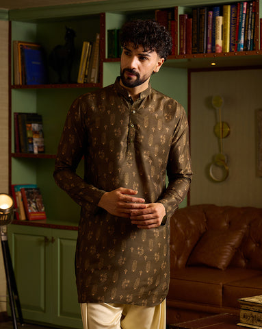 Men's Olive Brown Printed Silk Kurta with Mandarin Collar