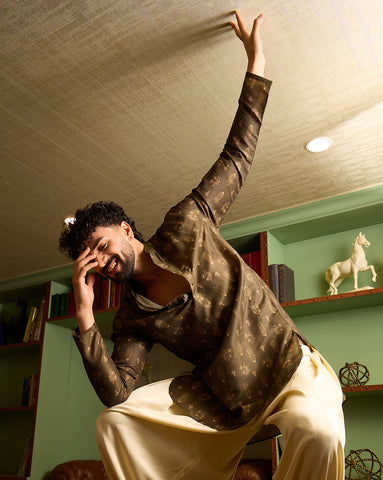 Men's Olive Brown Printed Silk Kurta with Mandarin Collar