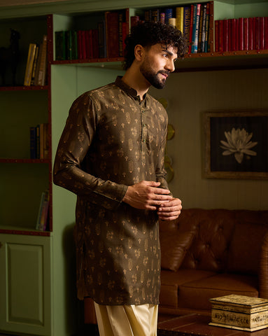 Men's Olive Brown Printed Silk Kurta with Mandarin Collar