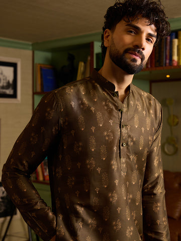 Men's Olive Brown Printed Silk Kurta with Mandarin Collar