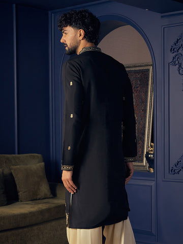 Midnight Black Embroidered Silk Kurta for Men